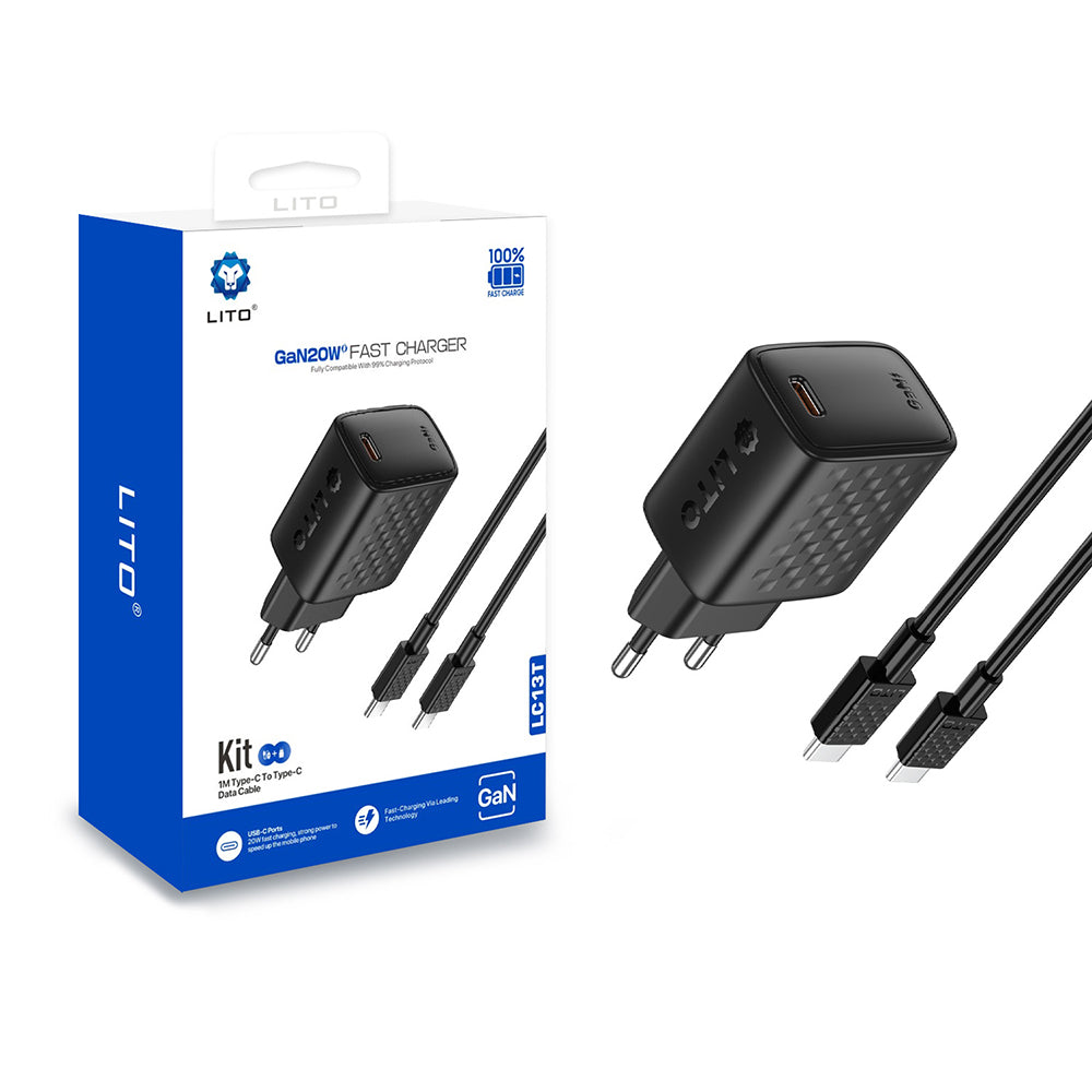 Punjač za mrežu sa USB-C kablom Lito LC13T, 20W, 3A, 1 x USB-C, Crni