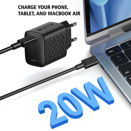 Punjač za mrežu sa USB-C kablom Lito LC13T, 20W, 3A, 1 x USB-C, Crni
