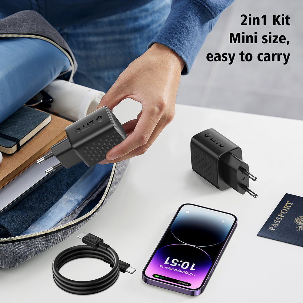 Punjač za mrežu sa USB-C kablom Lito LC13T, 20W, 3A, 1 x USB-C, Crni