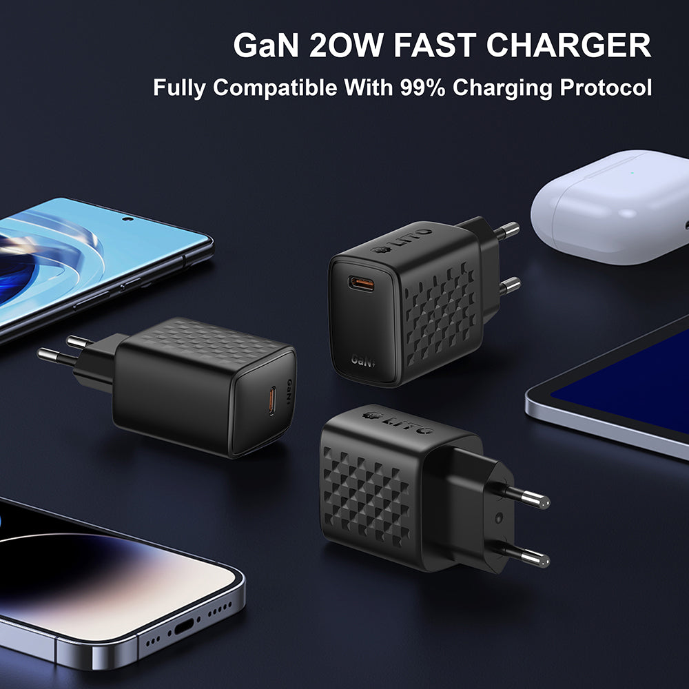 Punjač za mrežu sa USB-C kablom Lito LC13T, 20W, 3A, 1 x USB-C, Crni