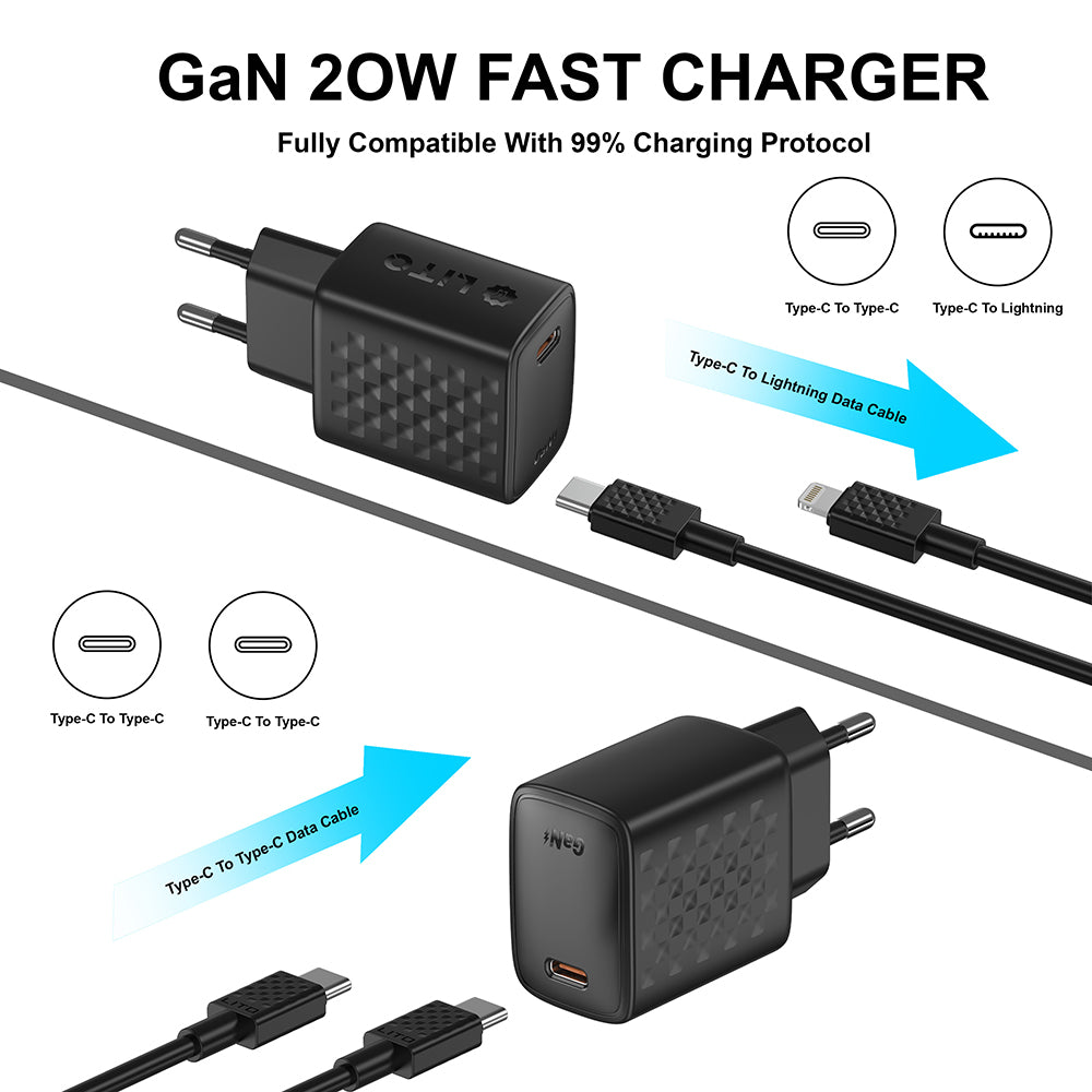 Punjač za mrežu sa USB-C kablom Lito LC13T, 20W, 3A, 1 x USB-C, Crni