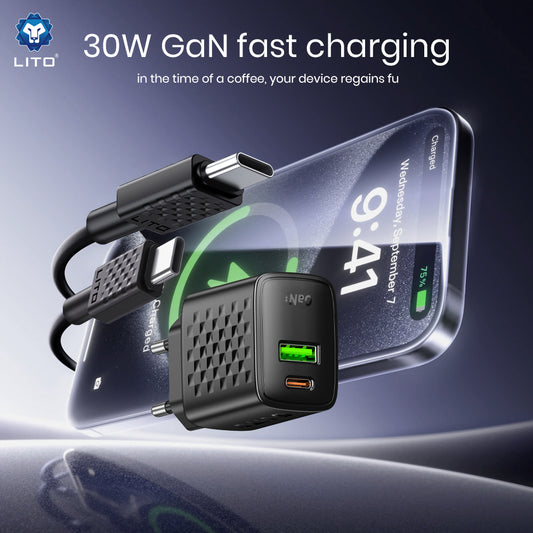 Punjač Mreže Sa USB-C Kabelom Lito LC19T, 30W, 3A, 1 x USB-A - 1 x USB-C, Crni