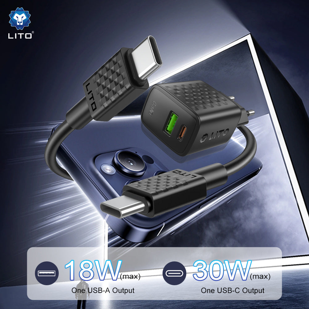 Punjač Mreže Sa USB-C Kabelom Lito LC19T, 30W, 3A, 1 x USB-A - 1 x USB-C, Crni