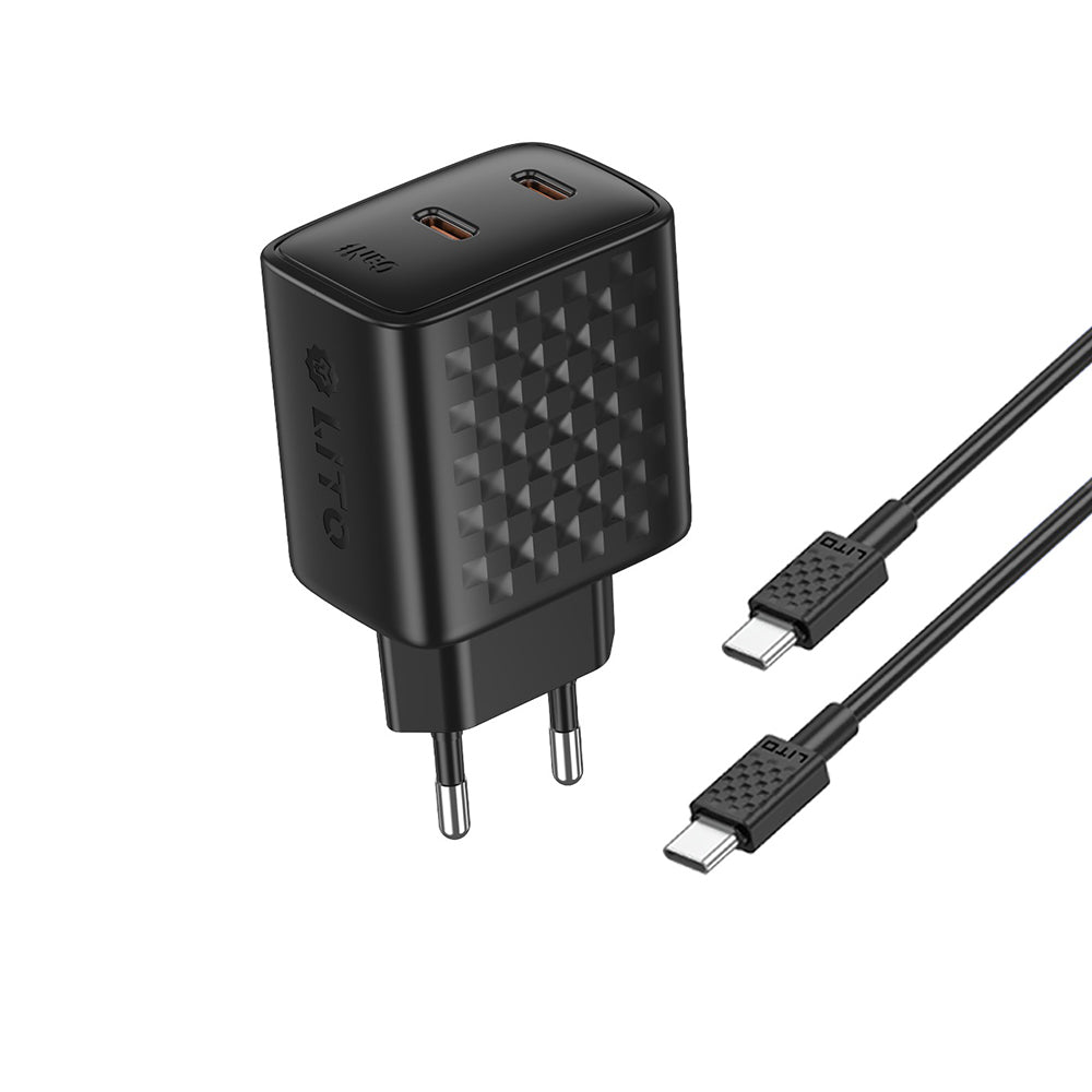Punjač mreže sa USB-C kablom Lito LC22T, 45W, 3A, 2 x USB-C, Crni