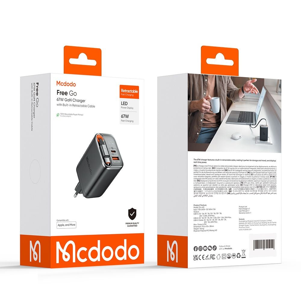 Punjač za mrežu sa USB-C kablom McDodo CH-4100 FreeGo Display, 67W, 3.35A, 1 x USB-A - 1 x USB-C, Crni