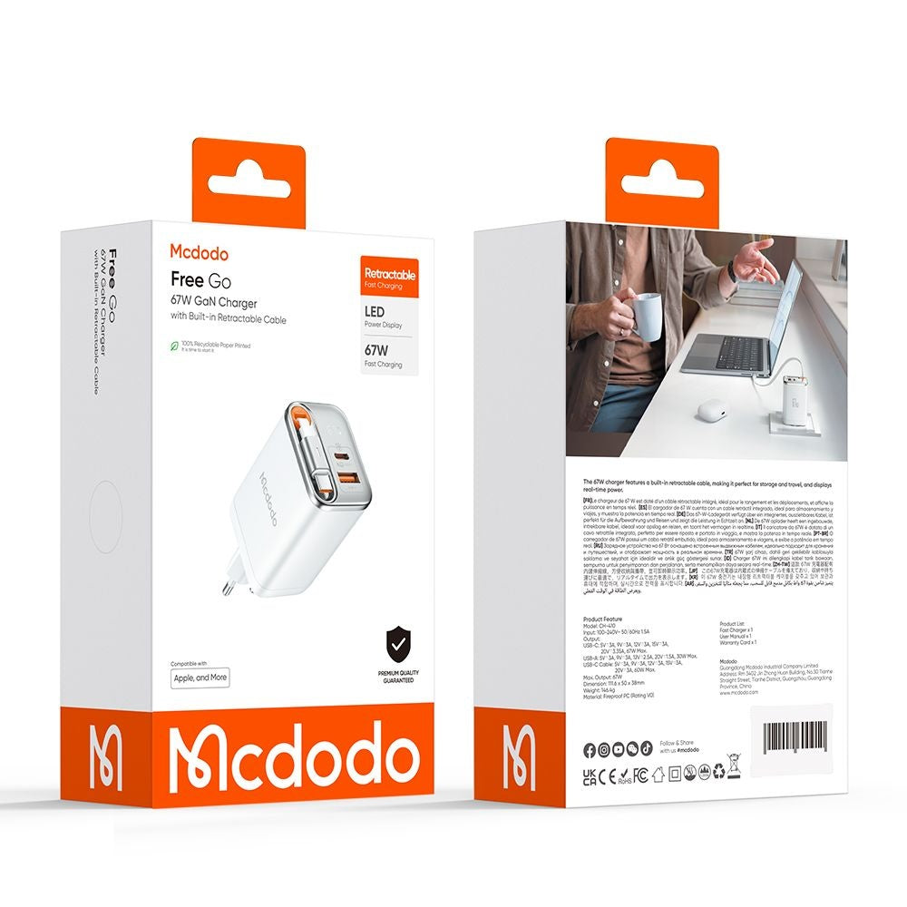 Punjač za mrežu sa USB-C kablom McDodo CH-4103 FreeGo Display, 67W, 3.35A, 1 x USB-A - 1 x USB-C, Beli