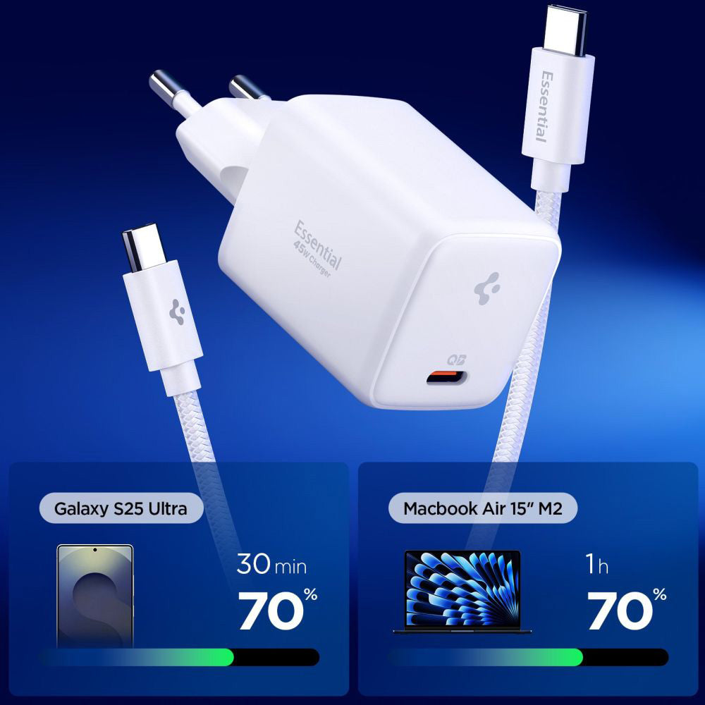 Punjač za mrežu sa USB-C kablom Spigen EE451EU Essential, 45W, 3A, 1 x USB-C, Beli ACH09473