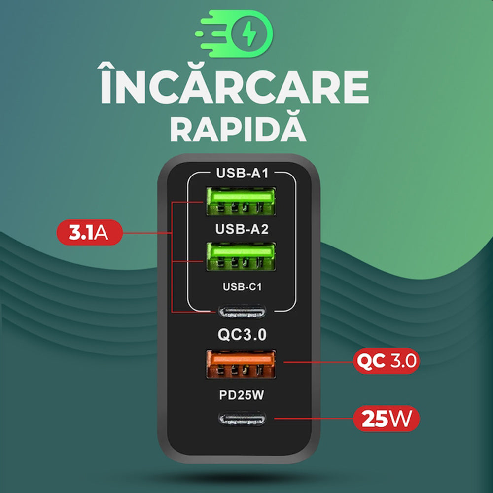 Punjač mreže sa USB-C kablom Techsuit CHC1 PentaXPower, 25W, 3A, 3 x USB-A - 2 x USB-C, Crni