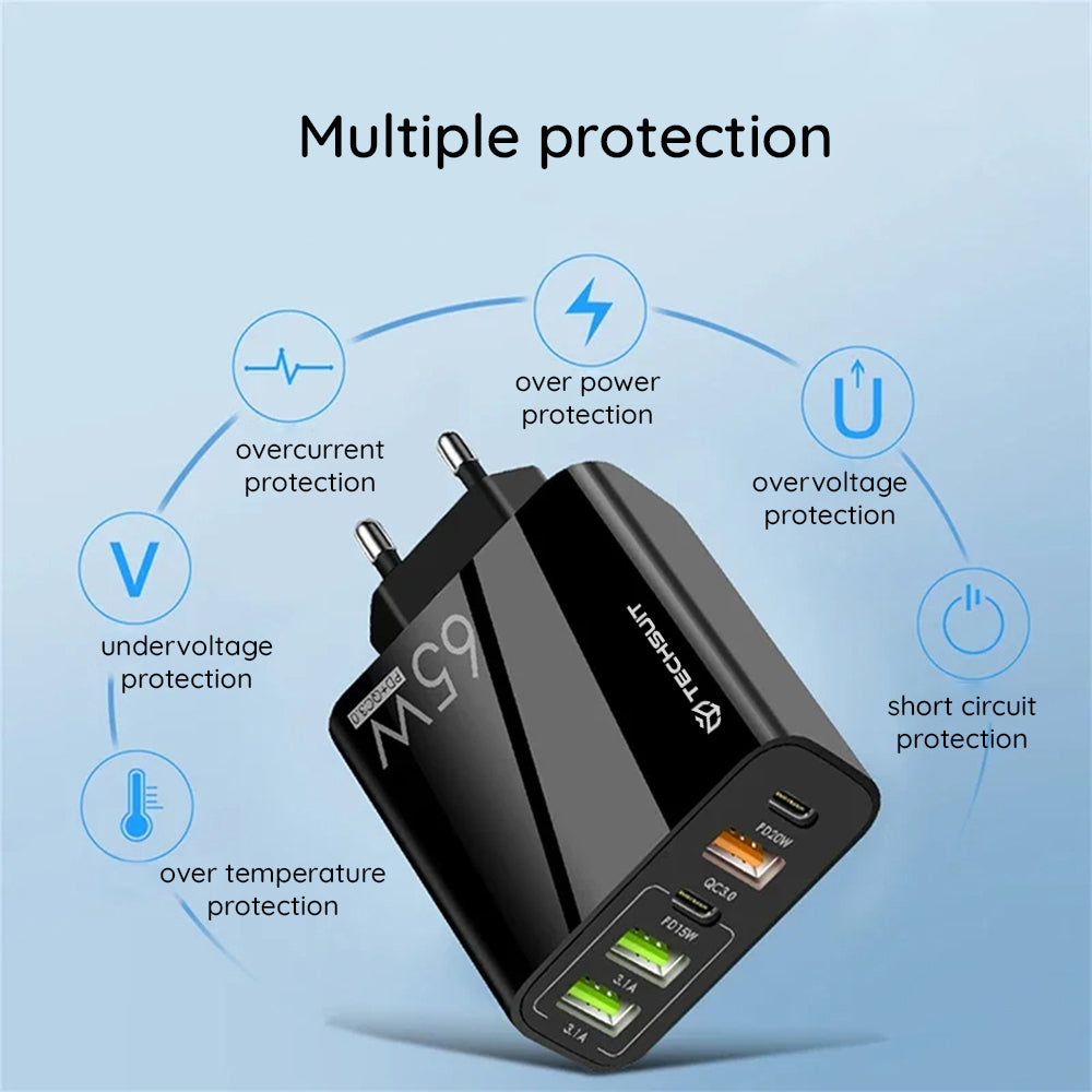 Punjač mreže sa USB-C kablom Techsuit CHC2 PentaXPower, 20W, 3A, 3 x USB-A - 2 x USB-C, Beli