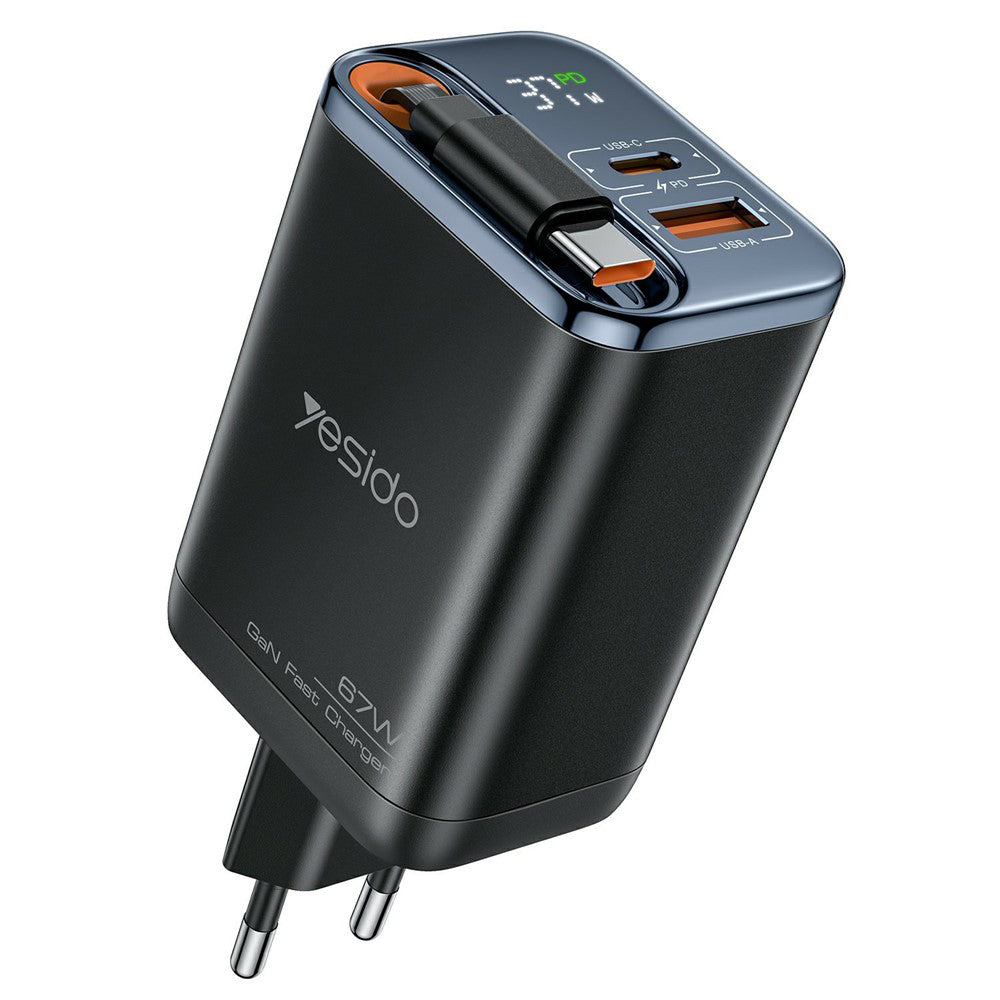 Mrežni punjač sa USB-C kablom Yesido YC100 Display, 67W, 3.35A, 1 x USB-A - 1 x USB-C, Crni