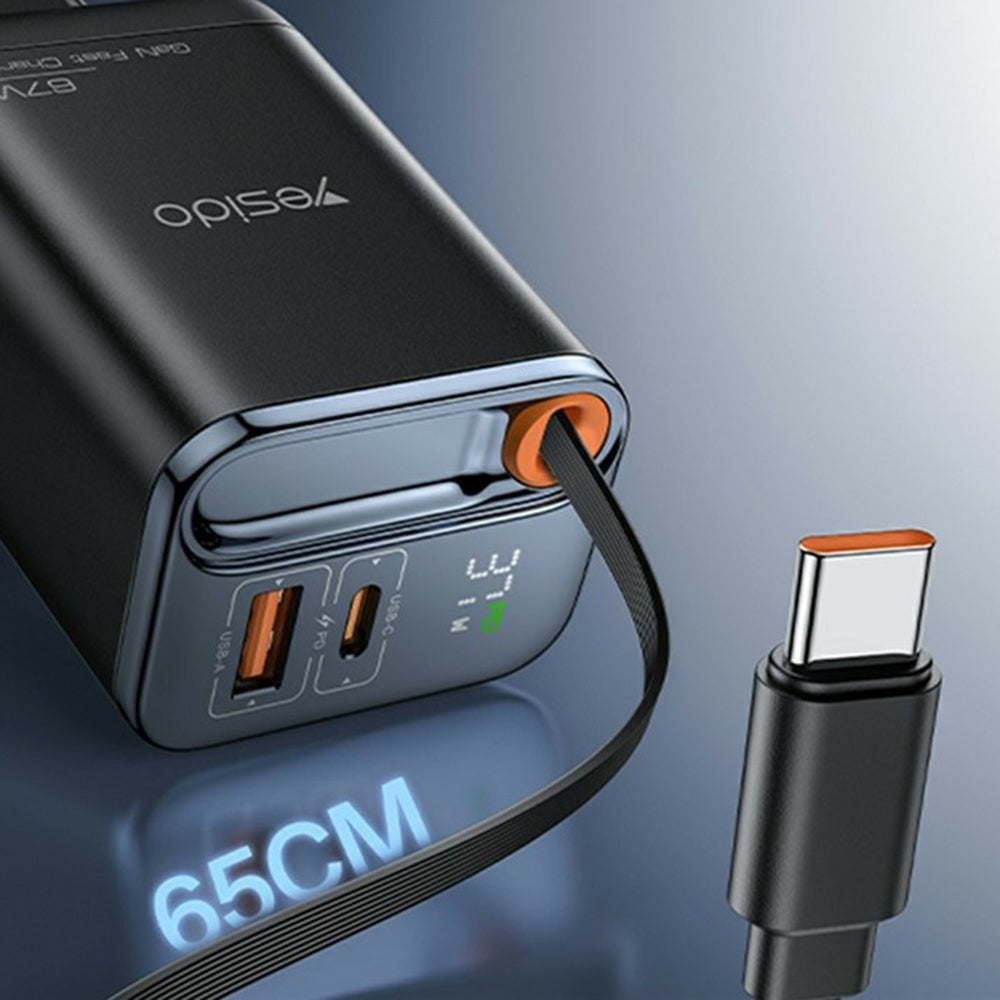 Mrežni punjač sa USB-C kablom Yesido YC100 Display, 67W, 3.35A, 1 x USB-A - 1 x USB-C, Crni