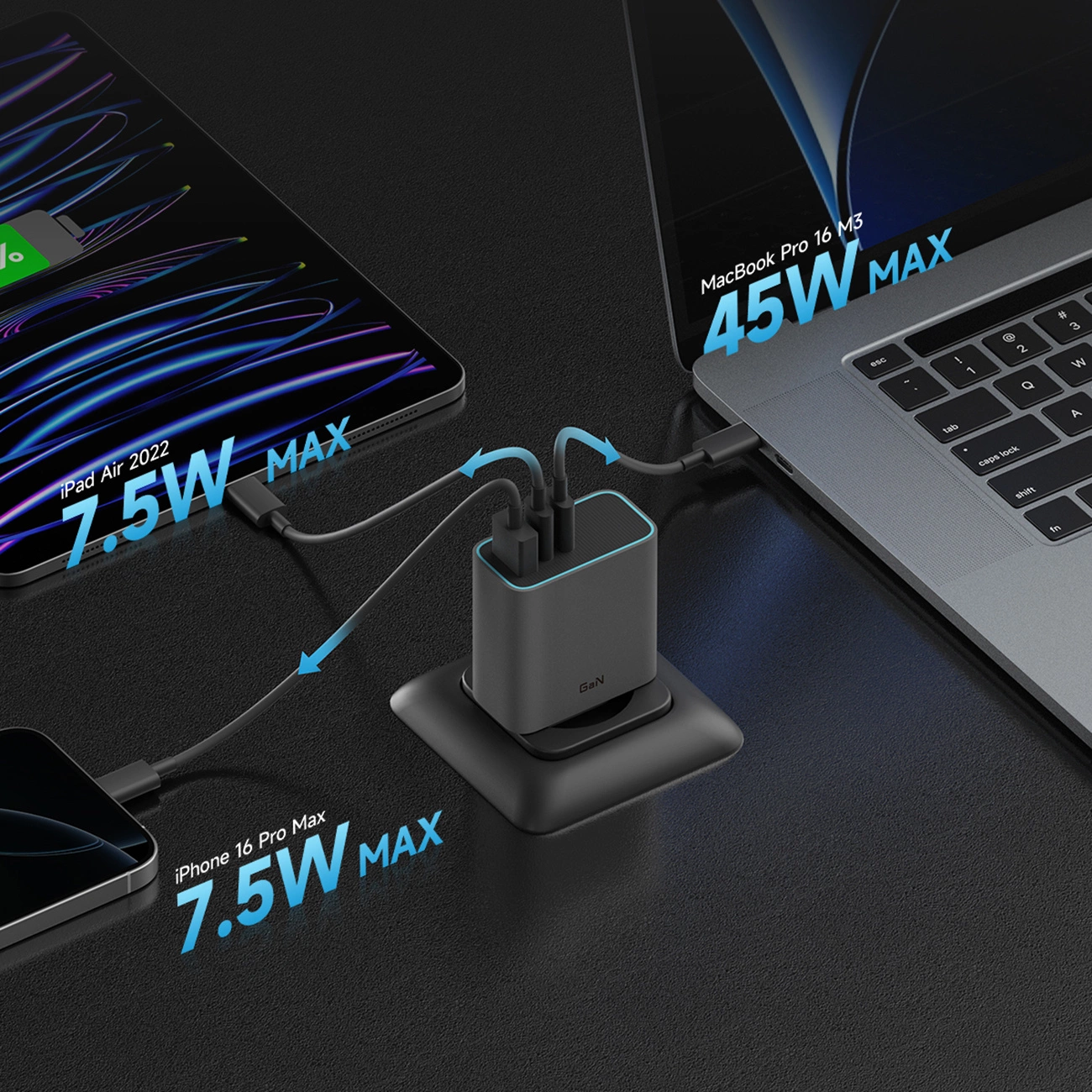 Punjač za mrežu Cuktech, 65W, 3A, 1 x USB-A - 2 x USB-C, Sivi CUKAD653EUGR