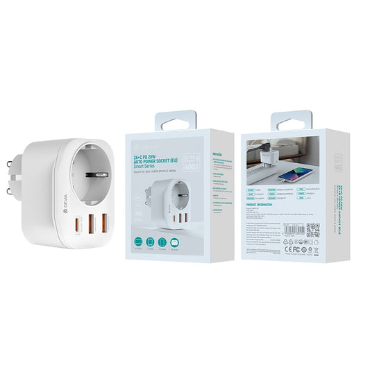 Punjač za mrežu DEVIA WW09-F-PD, 20W, 3A, 2 x USB-A - 1 x USB-C - 1 x Schuko, Beli