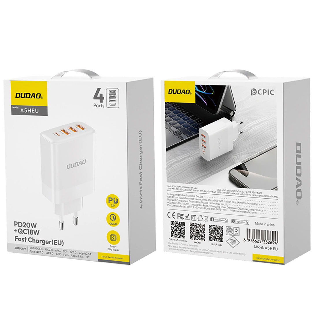 Punjač za mrežu Dudao A5HEU, 20W, 3A, 1 x USB-C - 3 x USB-A, Beli