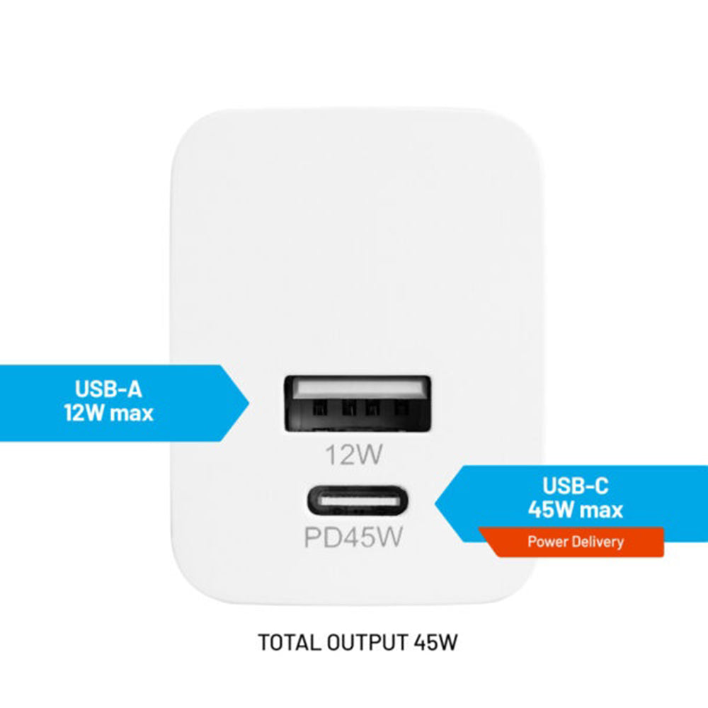 Punjač mreže Fixed Mini, 45W, 3A, 1 x USB-A - 1 x USB-C, Beli