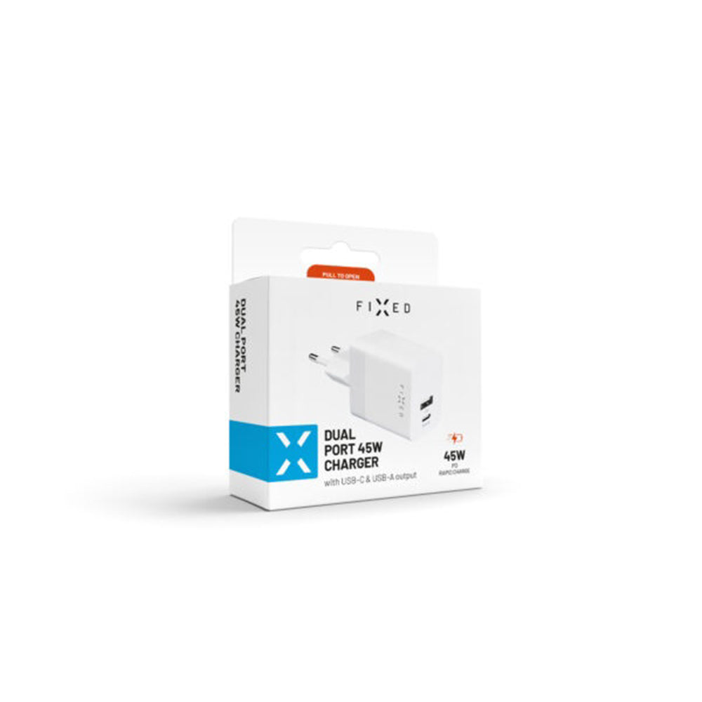 Punjač mreže Fixed Mini, 45W, 3A, 1 x USB-A - 1 x USB-C, Beli