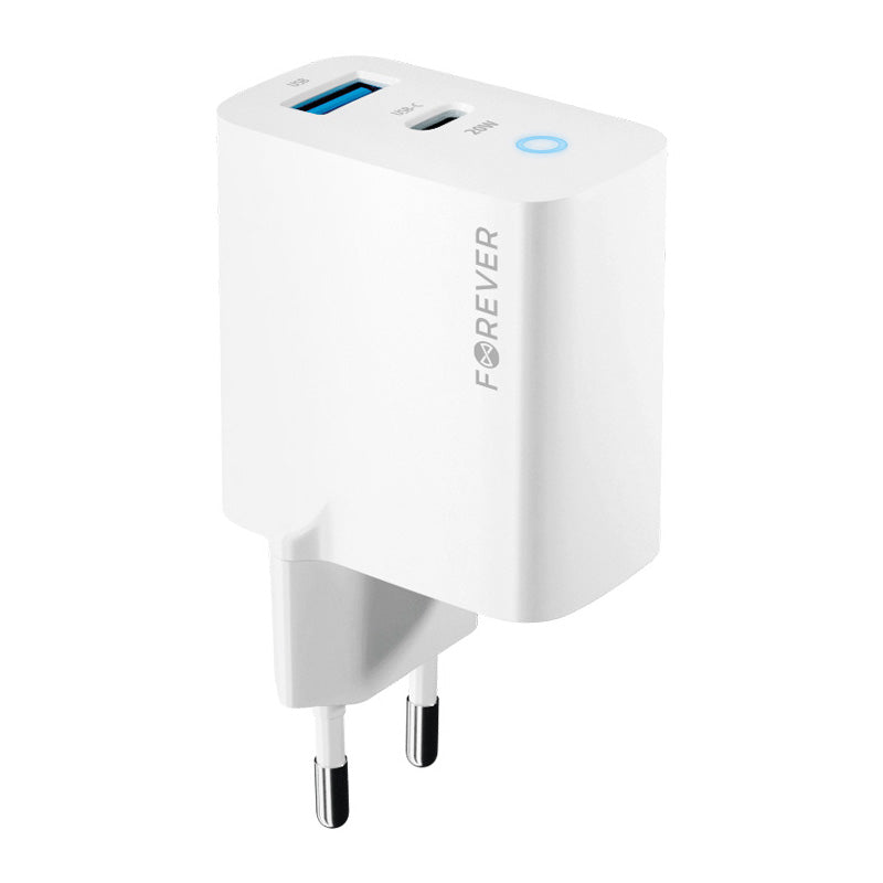 Punjač za mrežu Forever TC-06-20AC, 20W, 3A, 1 x USB-A - 1 x USB-C, Beli