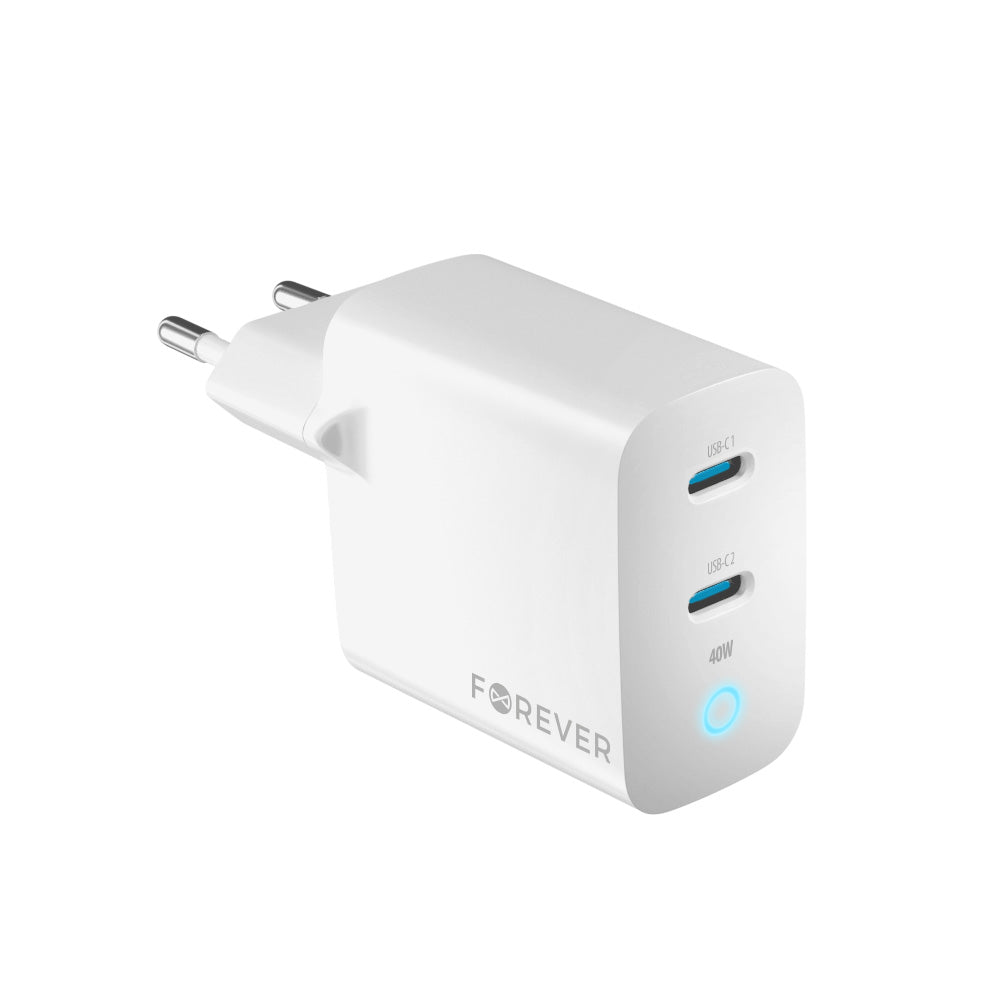 Punjač za mrežu Forever TC-06-40CC, 40W, 3A, 2 x USB-C, Beli