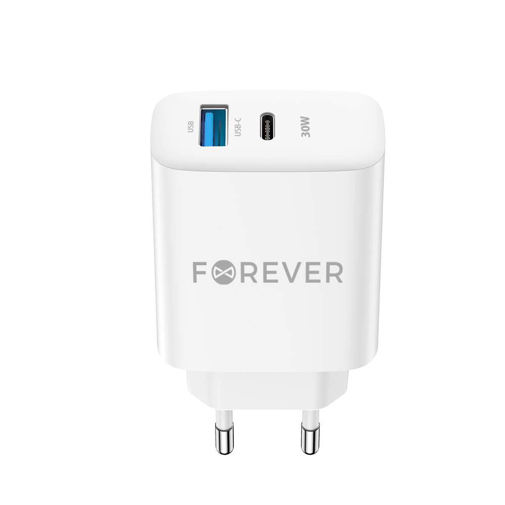 Punjač za mrežu Forever TC-07-30AC, 30W, 3A, 1 x USB-A - 1 x USB-C, Beli