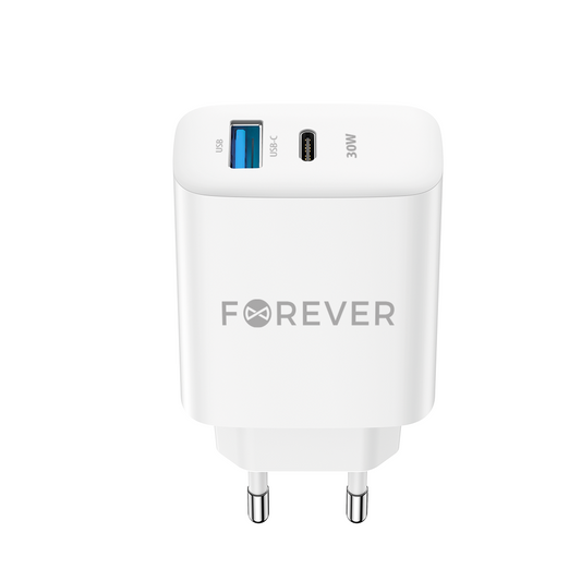 Punjač za mrežu Forever TC-07-30AC, 30W, 3A, 1 x USB-A - 1 x USB-C, Beli
