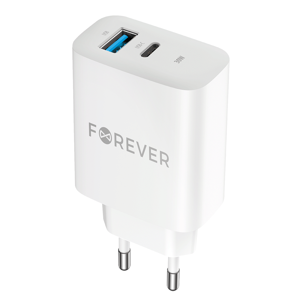 Punjač za mrežu Forever TC-07-30AC, 30W, 3A, 1 x USB-A - 1 x USB-C, Beli