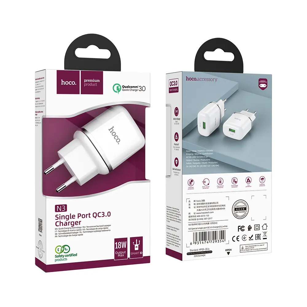 Punjač za mrežu HOCO N3, 18W, 3A, 1 x USB-A, Bela