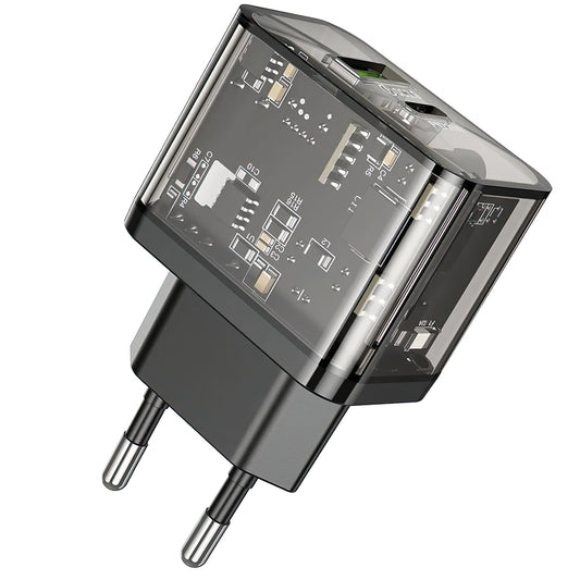 Punjač za mrežu HOCO N34, 20W, 3A, 1 x USB-A - 1 x USB-C, Transparent