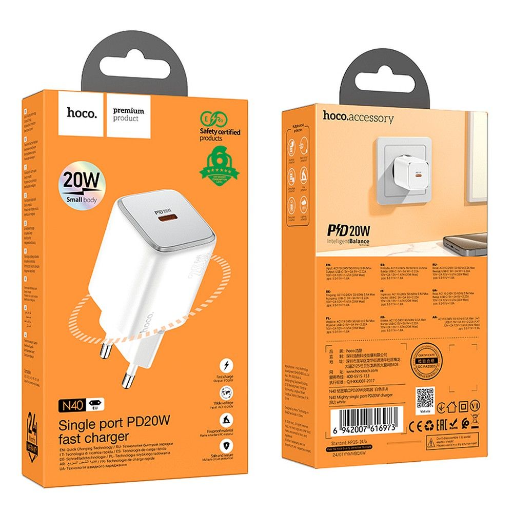 Punjač Mreže HOCO N40, 20W, 3A, 1 x USB-C, Beli