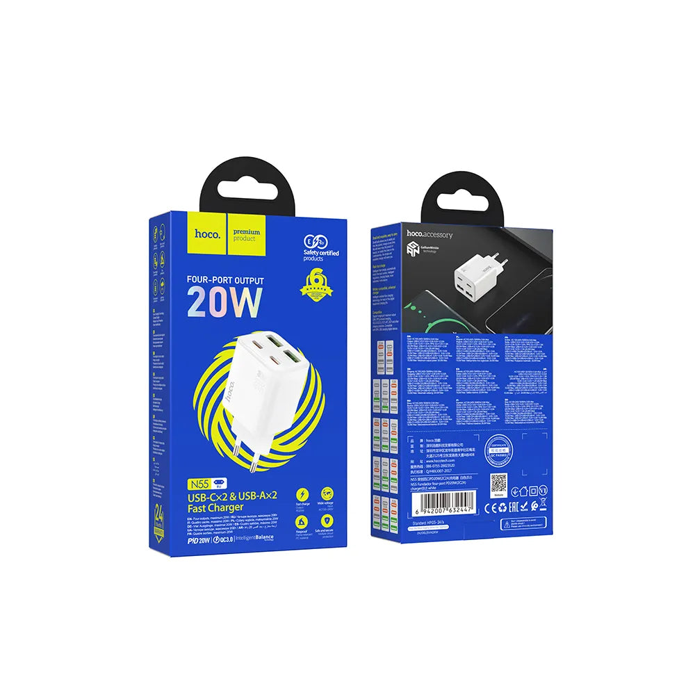 Punjač za mrežu HOCO N56, 30W, 3A, 2 x USB-A - 2 x USB-C, Beli