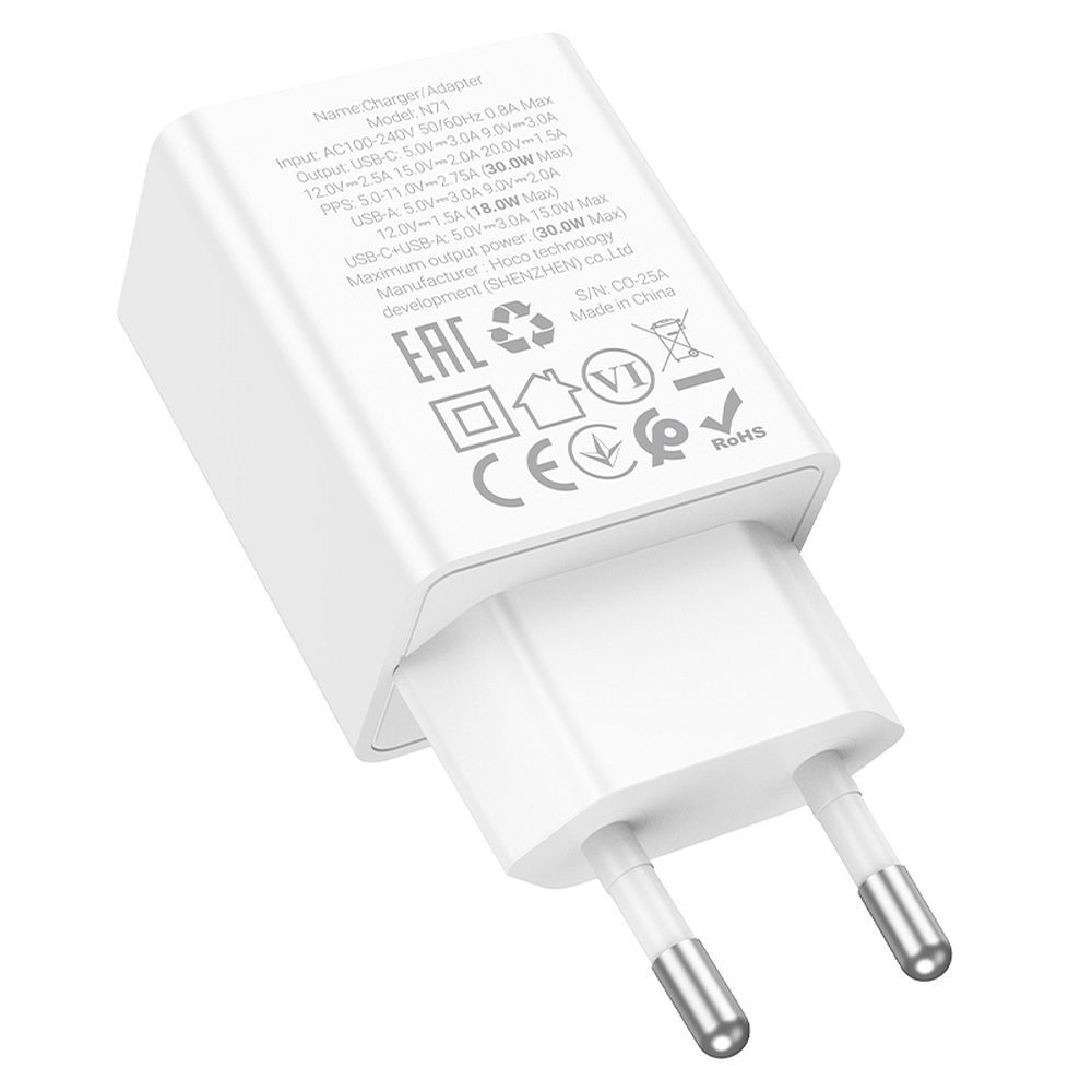 Punjač za mrežu HOCO N71, 30W, 3A, 1 x USB-A - 1 x USB-C, Beli
