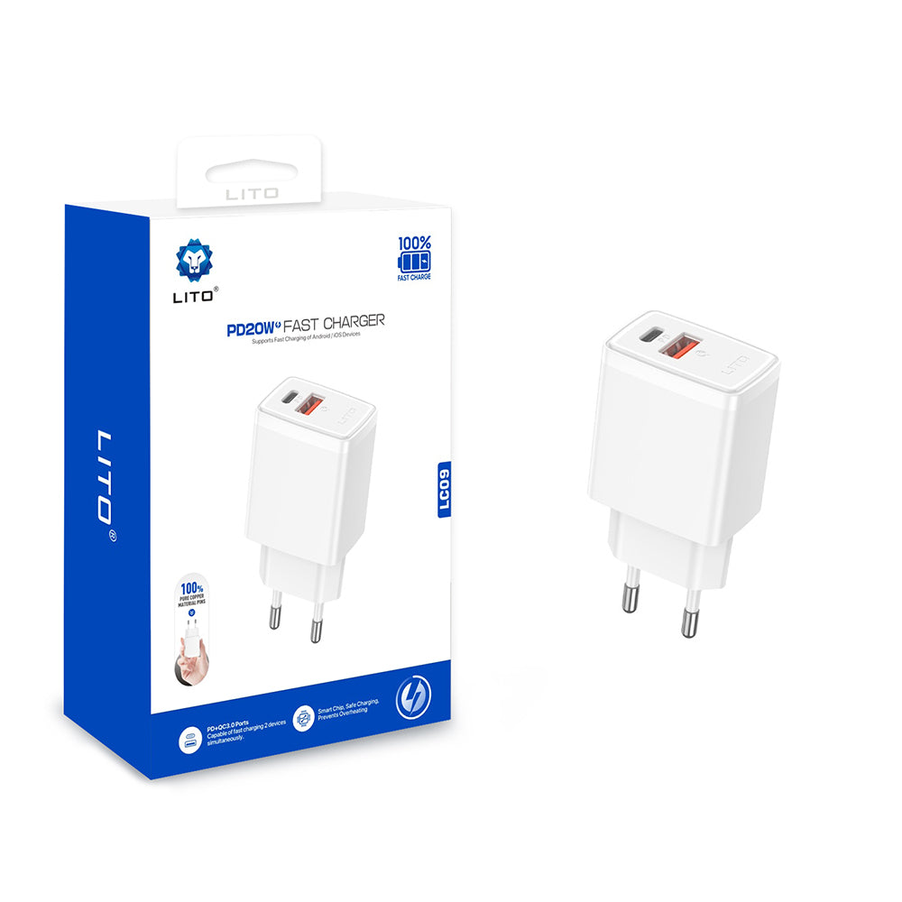 Punjač za mrežu Lito LC09, 20W, 3A, 1 x USB-A - 1 x USB-C, Beli