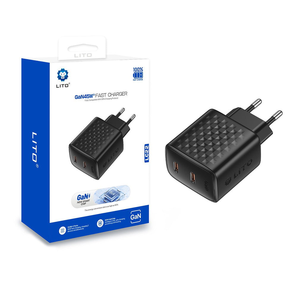 Punjač Mreža Lito LC22, 45W, 3A, 2 x USB-C, Crni
