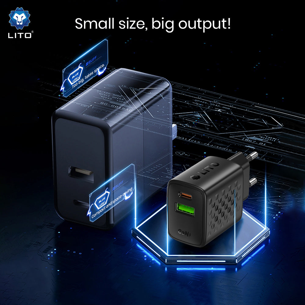 Punjač za mrežu Lito LC24, 65W, 3.25A, 1 x USB-A - 1 x USB-C, Crni