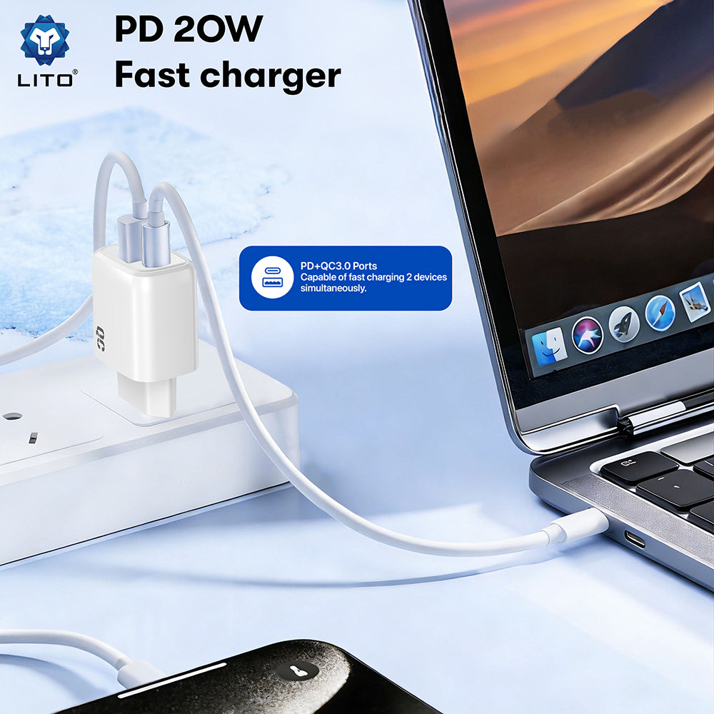 Punjač Mreža Lito LC28, 20W, 3A, 1 x USB-A - 1 x USB-C, Beli