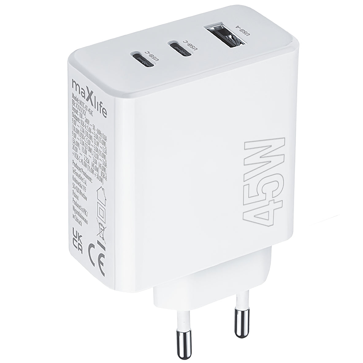 Punjač za mrežu MaXlife MXTC-07-45ACC, 45W, 3A, 1 x USB-A - 2 x USB-C, Beli