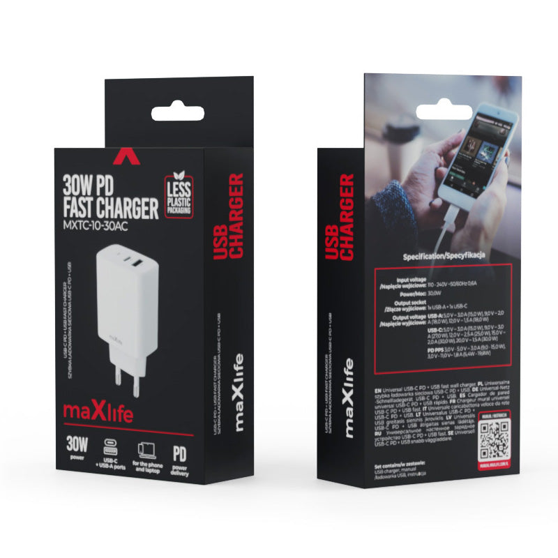 Punjač za mrežu MaXlife MXTC-10-30AC, 30W, 3A, 1 x USB-A - 1 x USB-C, Beli