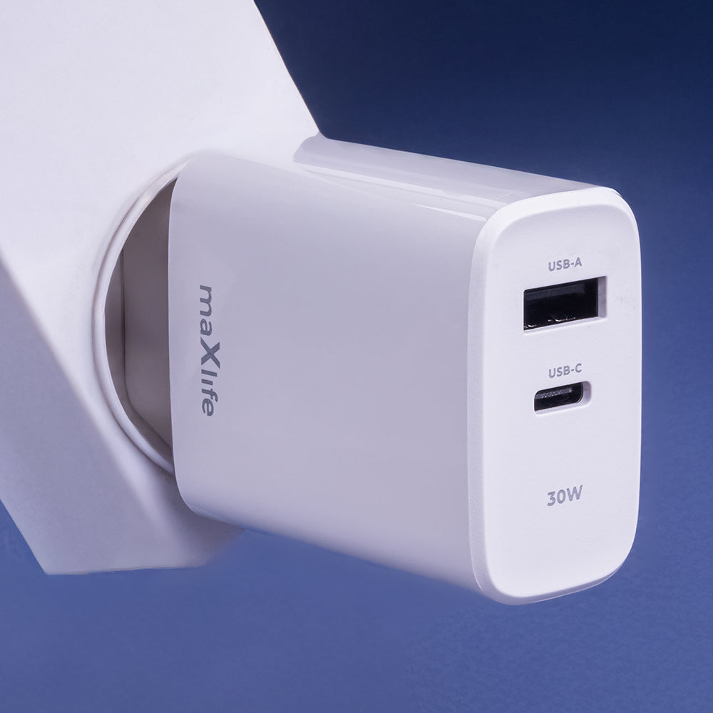 Punjač za mrežu MaXlife MXTC-10-30AC, 30W, 3A, 1 x USB-A - 1 x USB-C, Beli