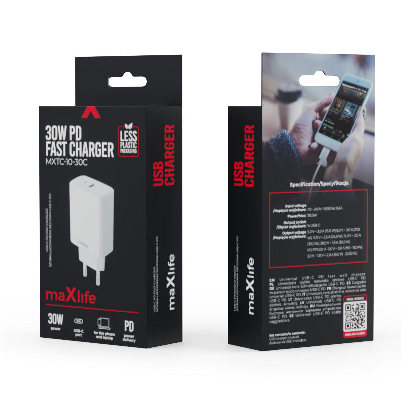 Punjač za mrežu MaXlife MXTC-10-30C, 30W, 3A, 1 x USB-C, Beli