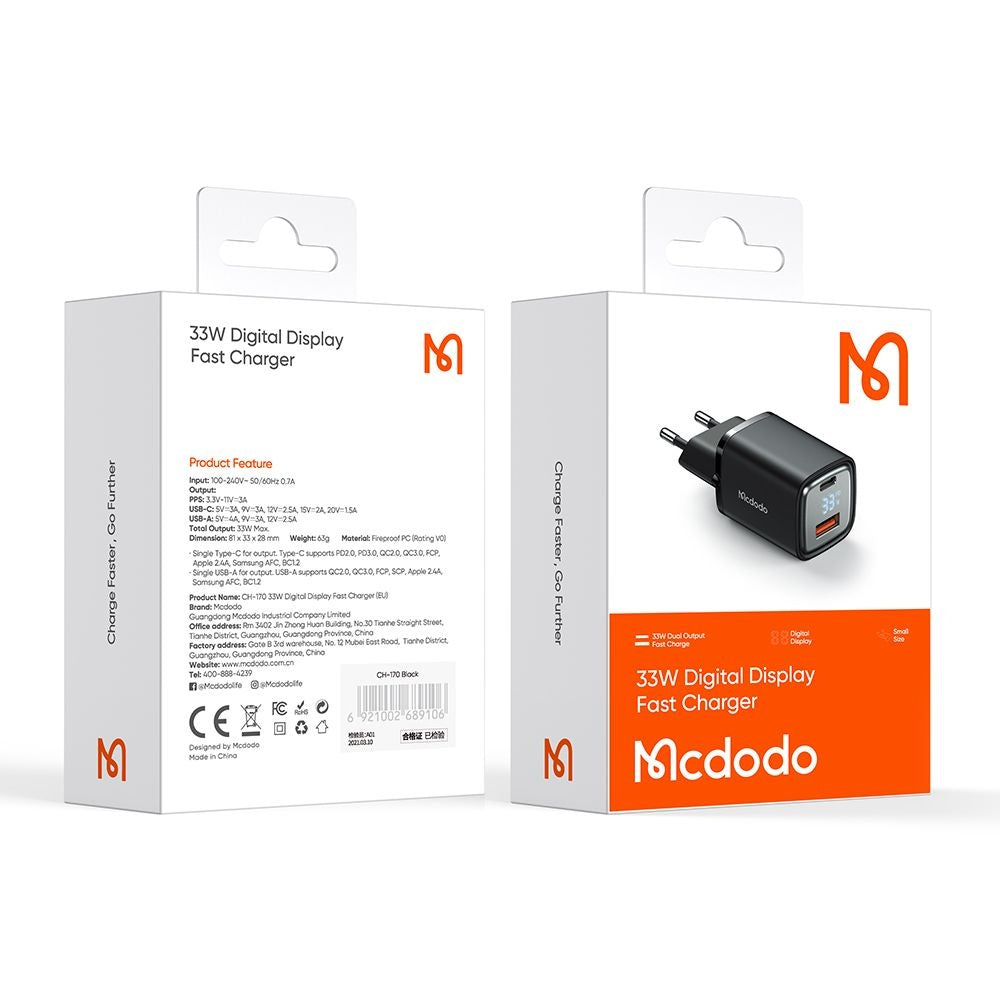 Mrežni punjač McDodo CH-1701 Graphite Display, 33W, 3A, 1 x USB-A - 1 x USB-C, Crni