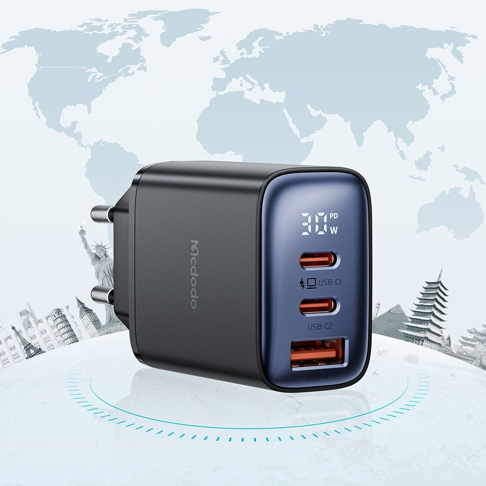 Mrežni punjač McDodo CH-2180 Display, 30W, 3A, 1 x USB-A - 2 x USB-C, Crni