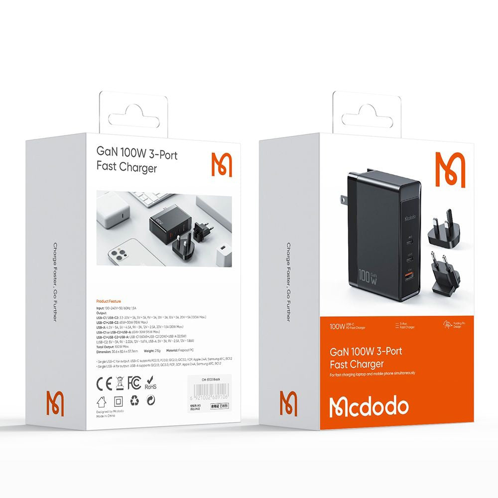 Mrežni punjač McDodo CH-8101 Pro Nuc AR Power Travel, 100W, 5A, 1 x USB-A - 2 x USB-C, Crni