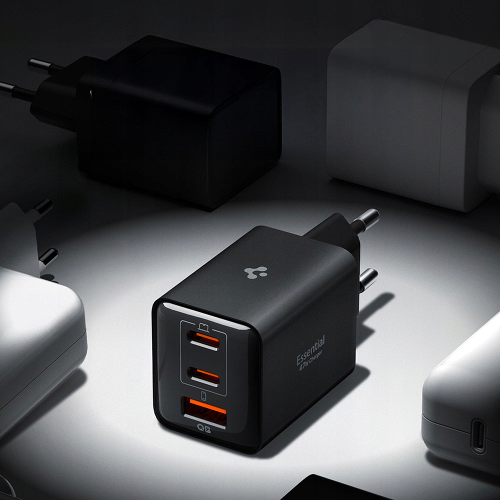 Punjač za mrežu Spigen EE473EU Essential, 47W, 3A, 1 x USB-A - 2 x USB-C, Crni ACH09465