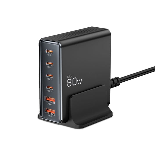 Punjač Stanica Tech-Protect DC80W, 80W, 3A, 2 x USB-A - 4 x USB-C, Crni