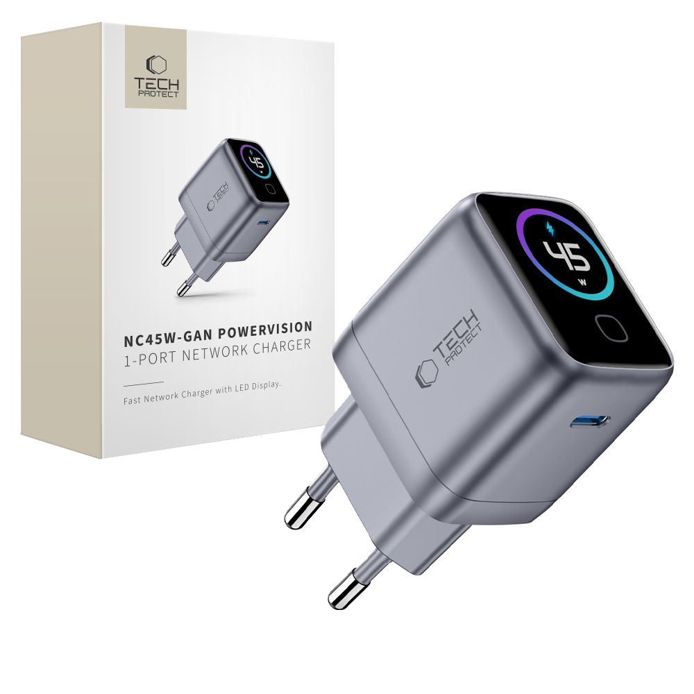 Punjač za mrežu Tech-Protect NC45W Display, 45W, 3A, 1 x USB-C, Siva
