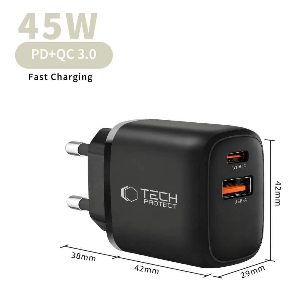 Punjač mreže Tech-Protect NCA45W, 45W, 3A, 1 x USB-A - 1 x USB-C, Crni