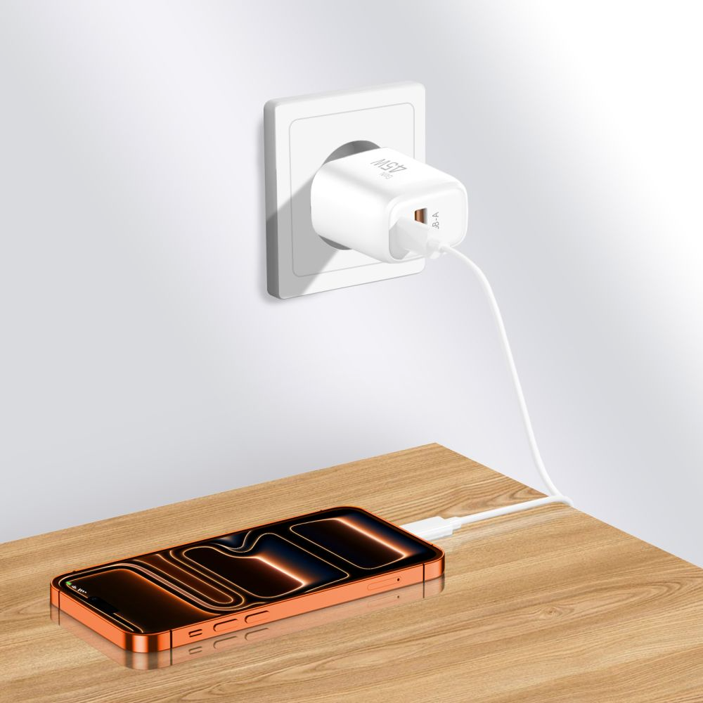 Punjač mreže Tech-Protect NCA45W, 45W, 3A, 1 x USB-A - 1 x USB-C, Beli