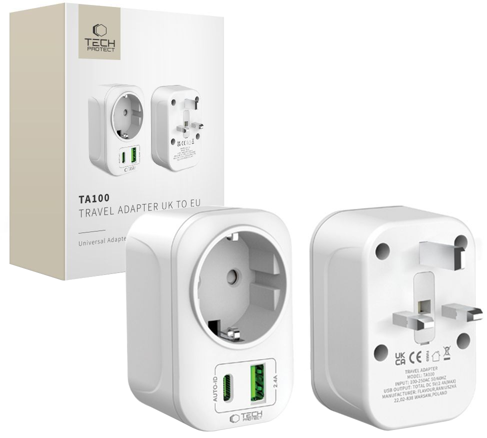 Punjač mreže Tech-Protect TA100 Travel UK, 20W, 3A, 1 x Schuko - 1 x USB-A - 1 x USB-C, Beli