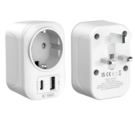 Punjač mreže Tech-Protect TA100 Travel UK, 20W, 3A, 1 x Schuko - 1 x USB-A - 1 x USB-C, Beli