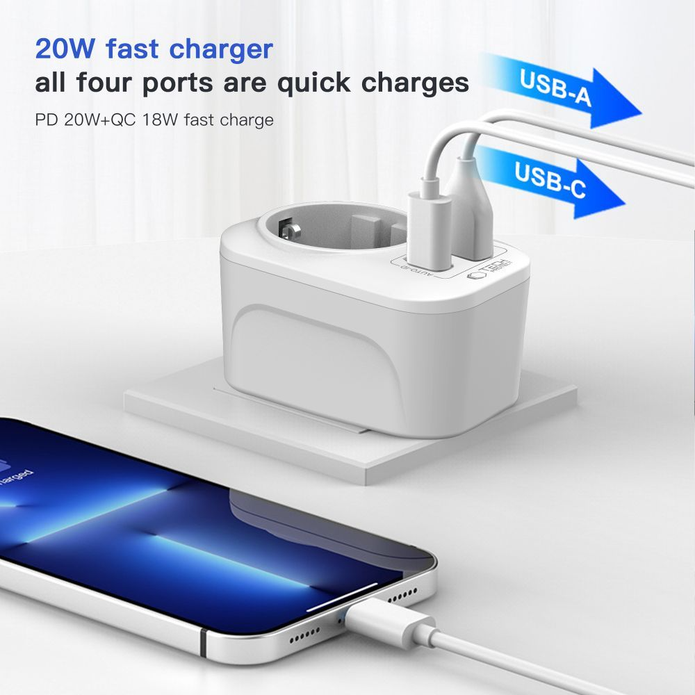 Punjač mreže Tech-Protect TA100 Travel UK, 20W, 3A, 1 x Schuko - 1 x USB-A - 1 x USB-C, Beli