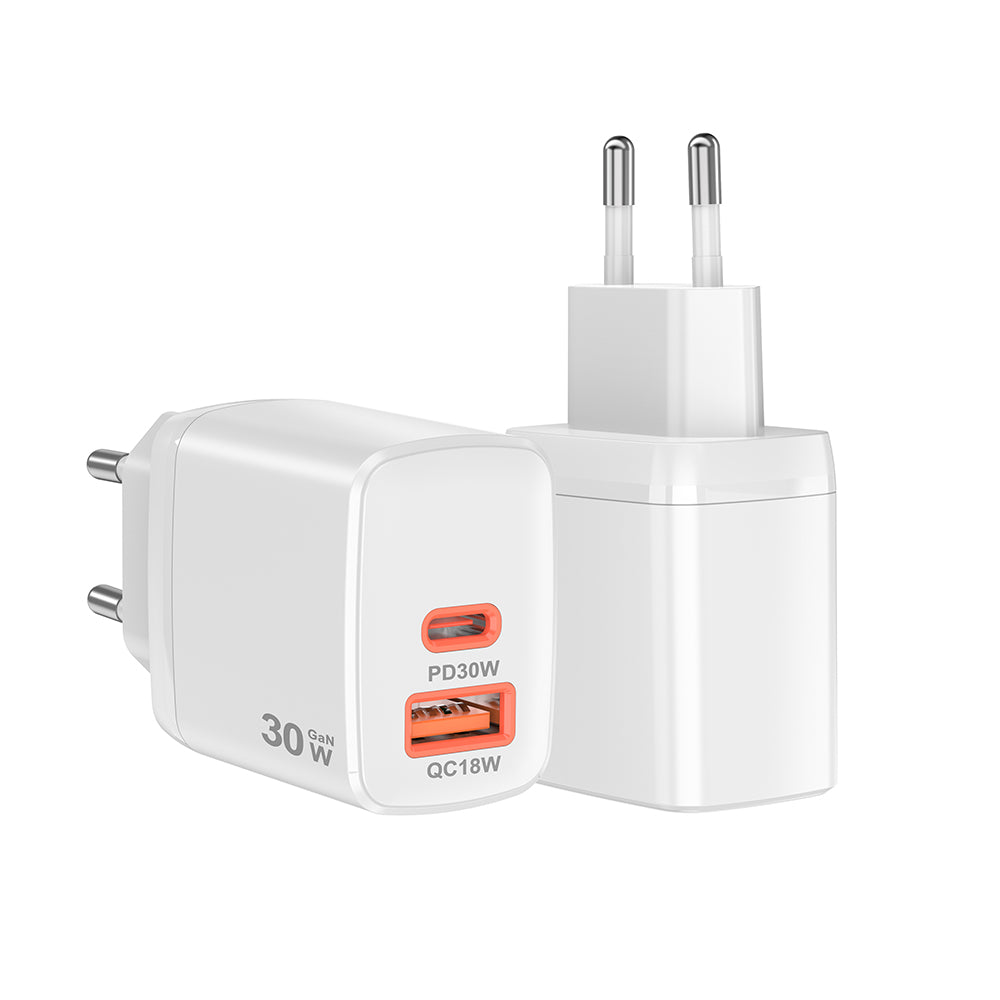 Punjač mreže Techsuit CH1 Duonix, 30W, 3A, 1 x USB-A - 1 x USB-C, Beli